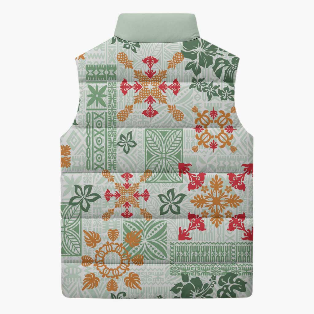 Hawaii Tapa Tribal Sleeveless Puffer Jacket With Hawaiian Quilt Pattern Green - Polynesian Pride