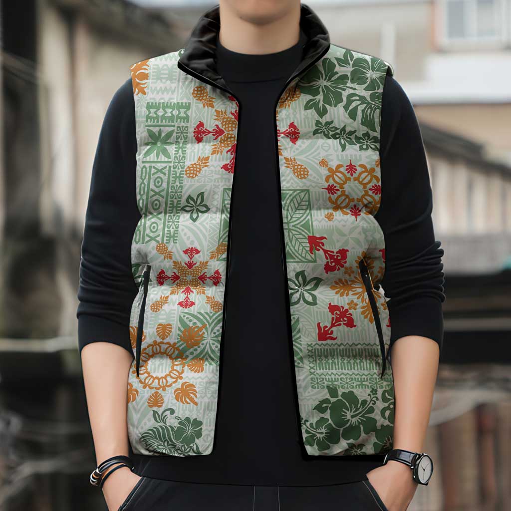Hawaii Tapa Tribal Sleeveless Puffer Jacket With Hawaiian Quilt Pattern Green - Polynesian Pride