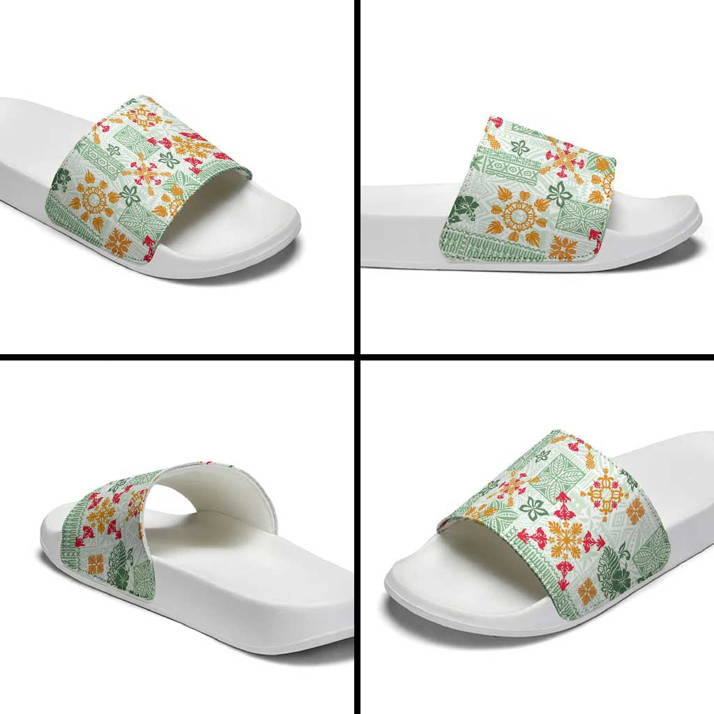 Hawaii Tapa Tribal Slide Sandals With Hawaiian Quilt Pattern Green - Polynesian Pride