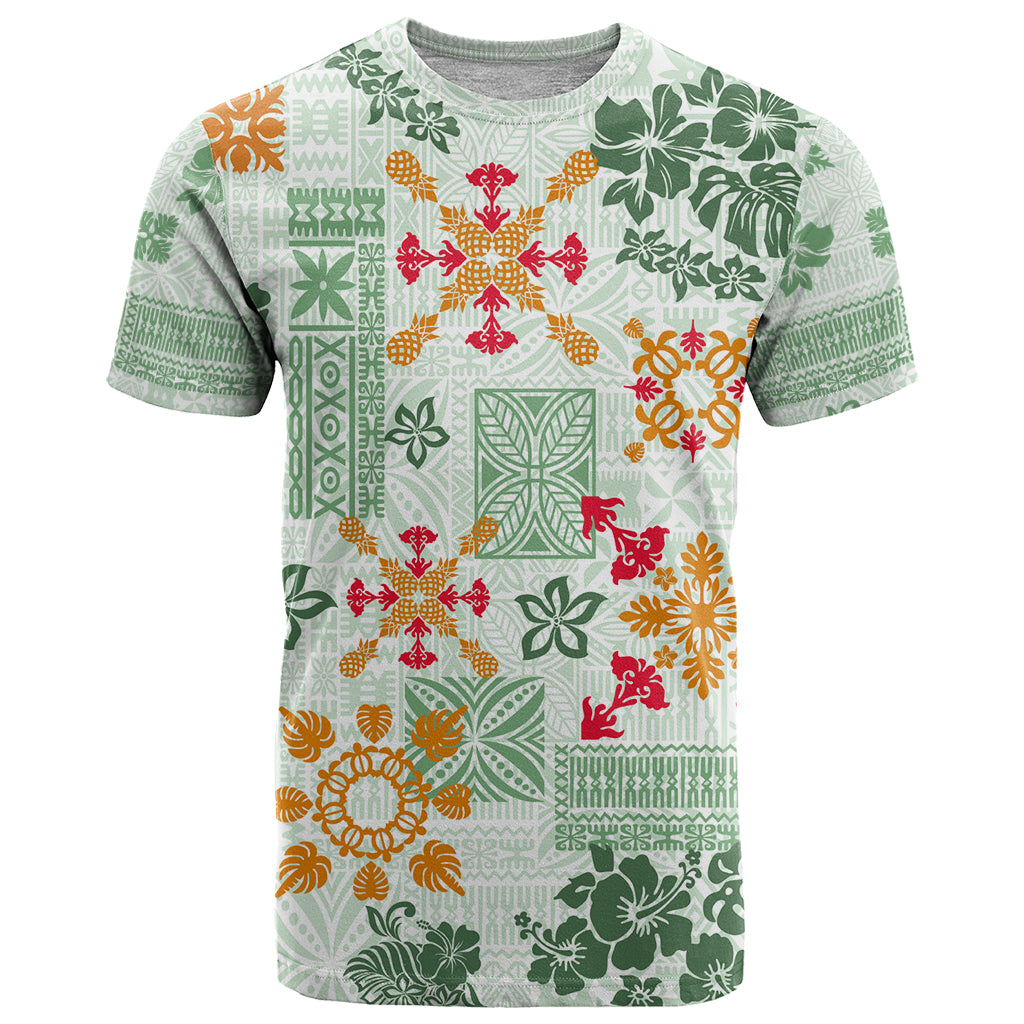 Hawaii Tapa Tribal T Shirt With Hawaiian Quilt Pattern Green LT9 Green - Polynesian Pride