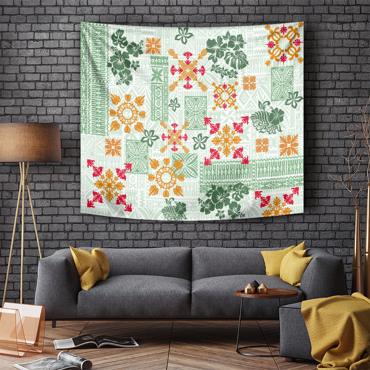 Hawaii Tapa Tribal Tapestry With Hawaiian Quilt Pattern Green LT9 Green - Polynesian Pride