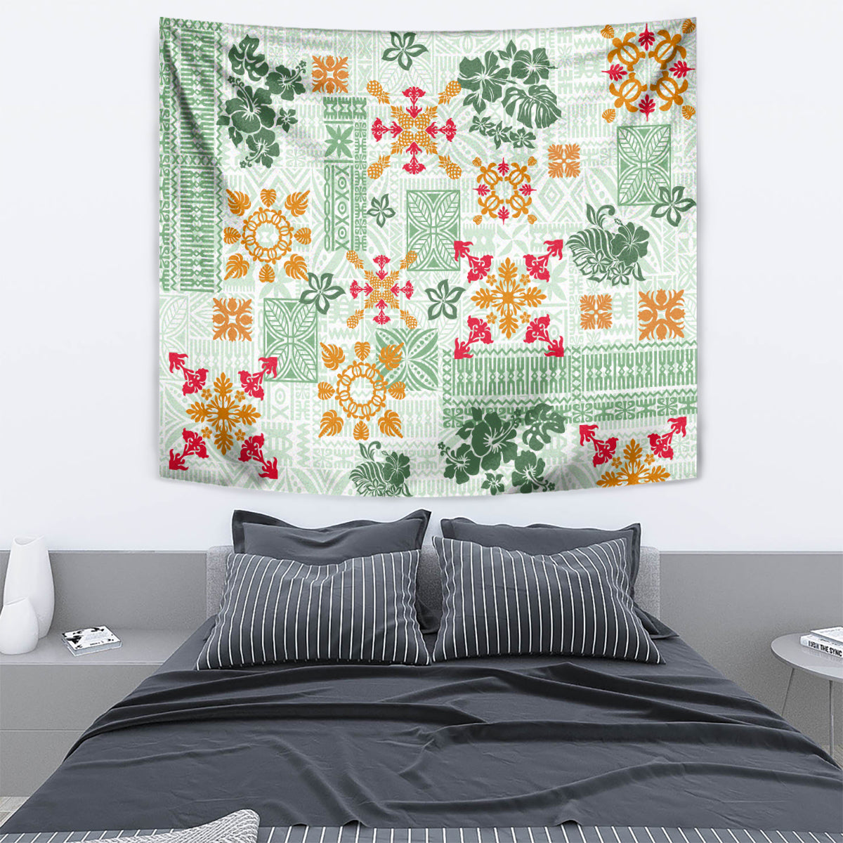 Hawaii Tapa Tribal Tapestry With Hawaiian Quilt Pattern Green LT9 - Polynesian Pride