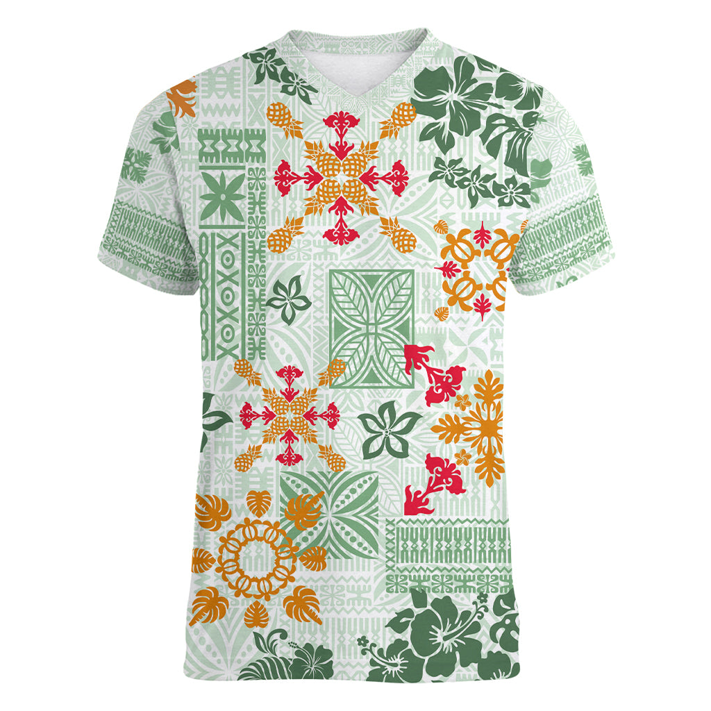 Hawaii Tapa Tribal Women V Neck T Shirt With Hawaiian Quilt Pattern Green LT9 Female Green - Polynesian Pride