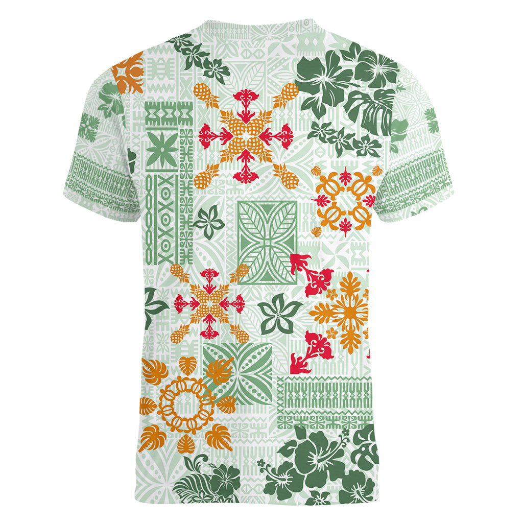 Hawaii Tapa Tribal Women V Neck T Shirt With Hawaiian Quilt Pattern Green LT9 - Polynesian Pride