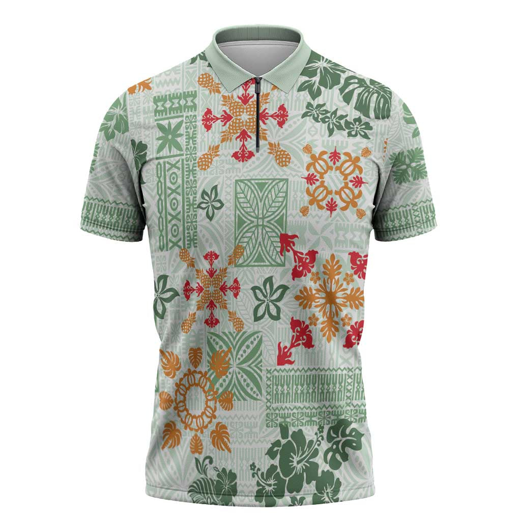 Hawaii Tapa Tribal Zipper Polo Shirt With Hawaiian Quilt Pattern Green - Polynesian Pride