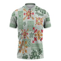 Hawaii Tapa Tribal Zipper Polo Shirt With Hawaiian Quilt Pattern Green - Polynesian Pride