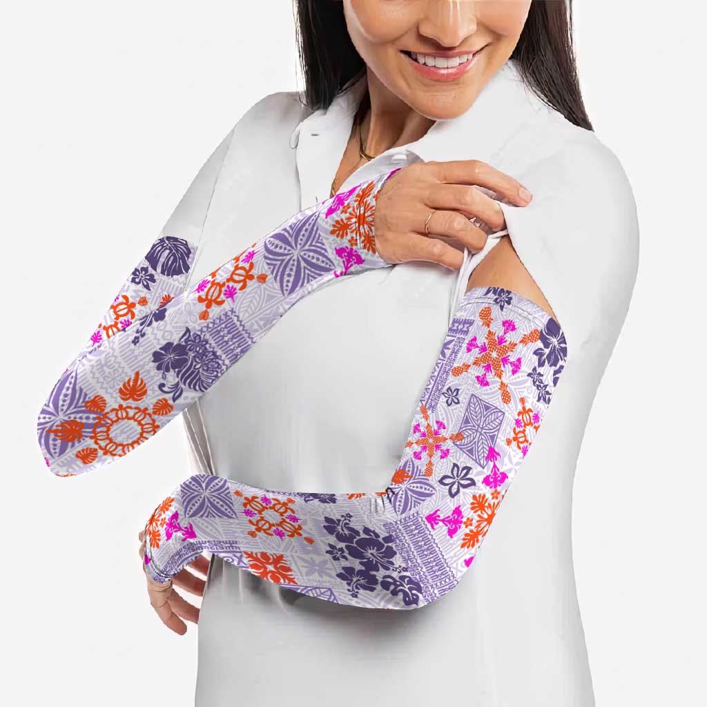 Hawaii Tapa Tribal Arm Sleeves With Hawaiian Quilt Pattern Violet - Polynesian Pride