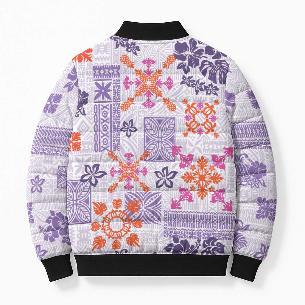 Hawaii Tapa Tribal Bomber Puffer Jacket With Hawaiian Quilt Pattern Violet - Polynesian Pride