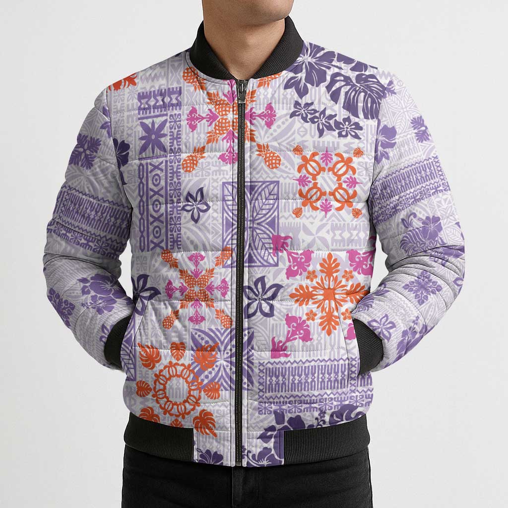 Hawaii Tapa Tribal Bomber Puffer Jacket With Hawaiian Quilt Pattern Violet - Polynesian Pride