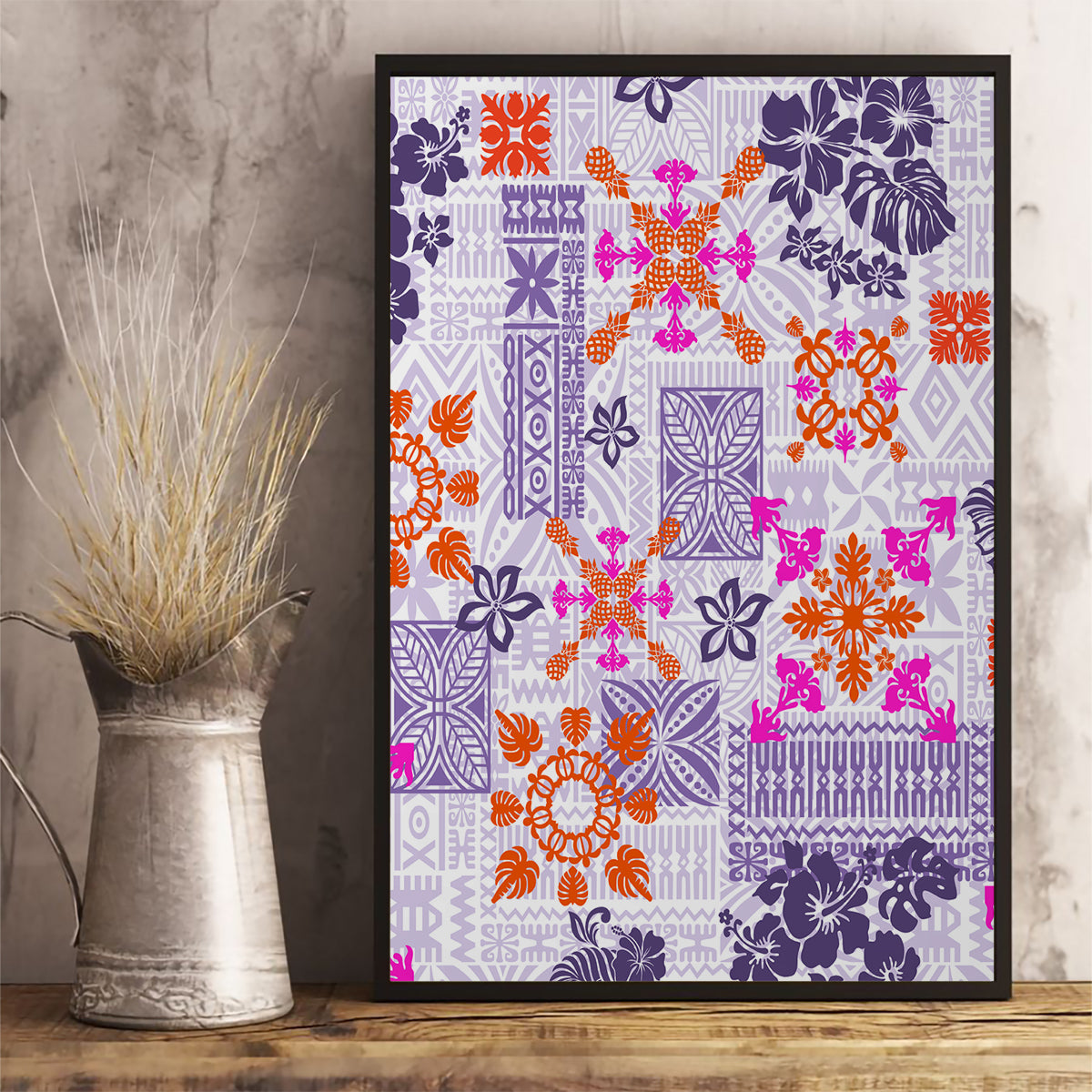 Hawaii Tapa Tribal Canvas Wall Art With Hawaiian Quilt Pattern Violet LT9 - Polynesian Pride