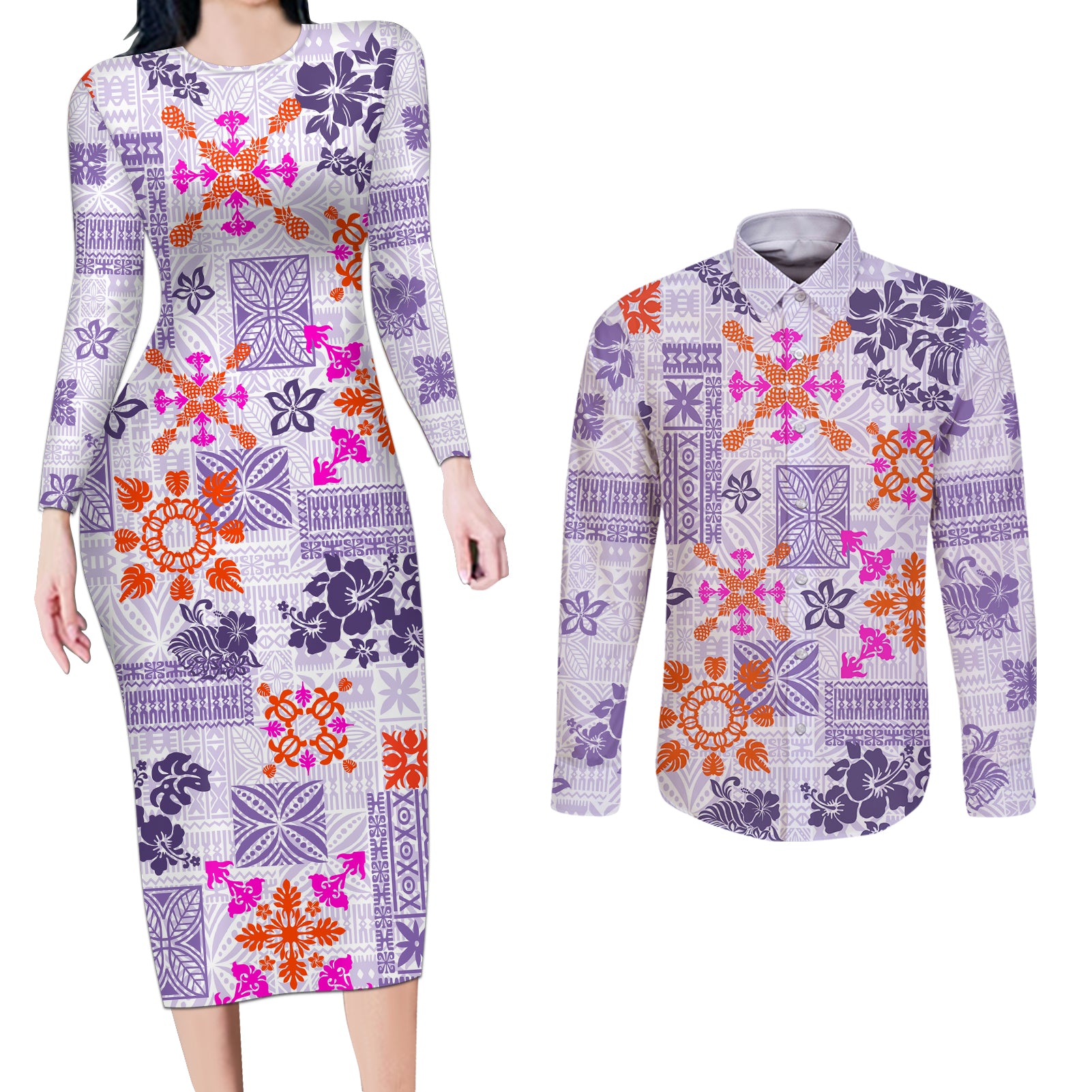 Hawaii Tapa Tribal Couples Matching Long Sleeve Bodycon Dress and Long Sleeve Button Shirt With Hawaiian Quilt Pattern Violet LT9 Violet - Polynesian Pride