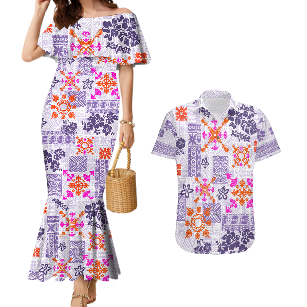 Hawaii Tapa Tribal Couples Matching Mermaid Dress and Hawaiian Shirt With Hawaiian Quilt Pattern Violet LT9 Violet - Polynesian Pride