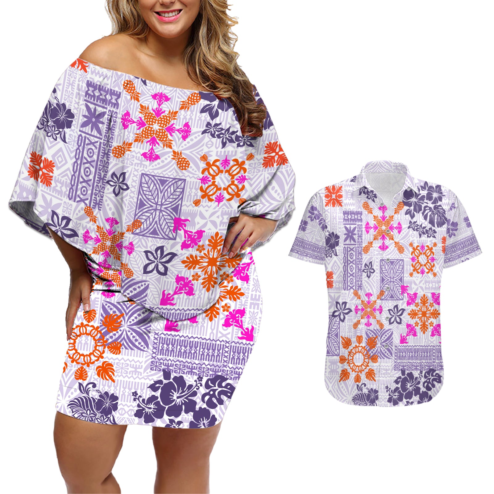 Hawaii Tapa Tribal Couples Matching Off Shoulder Short Dress and Hawaiian Shirt With Hawaiian Quilt Pattern Violet LT9 Violet - Polynesian Pride