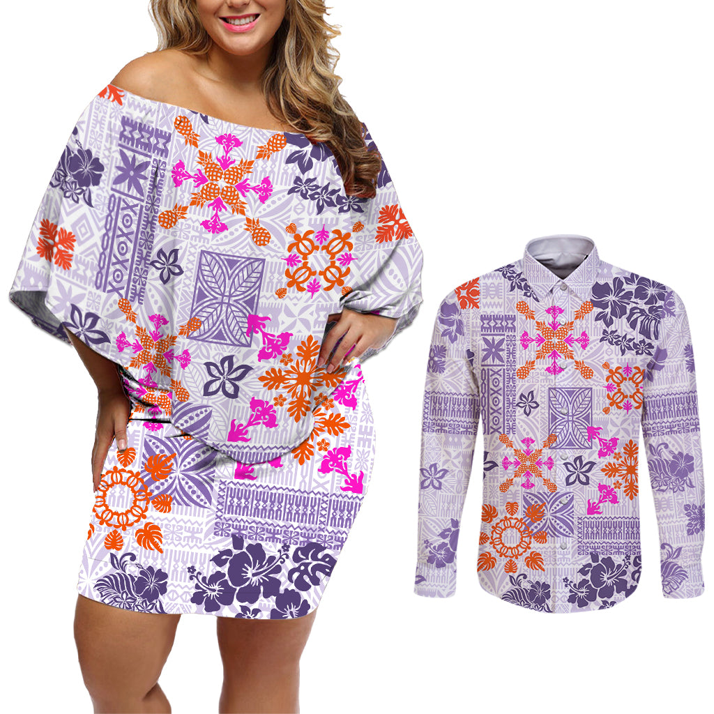 Hawaii Tapa Tribal Couples Matching Off Shoulder Short Dress and Long Sleeve Button Shirt With Hawaiian Quilt Pattern Violet LT9 Violet - Polynesian Pride