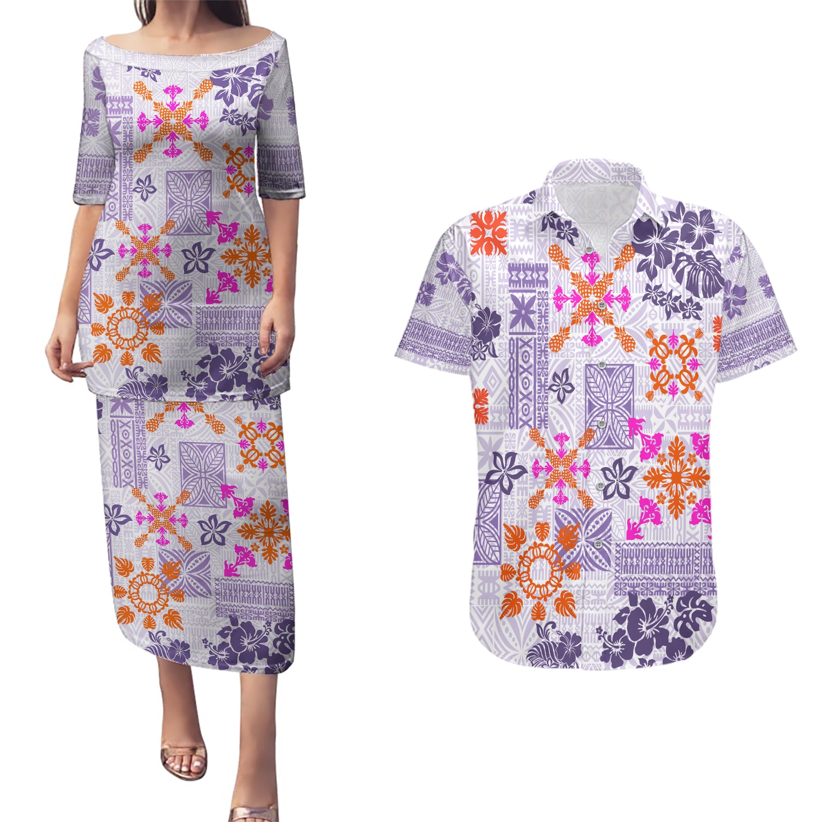 Hawaii Tapa Tribal Couples Matching Puletasi Dress and Hawaiian Shirt With Hawaiian Quilt Pattern Violet LT9 Violet - Polynesian Pride