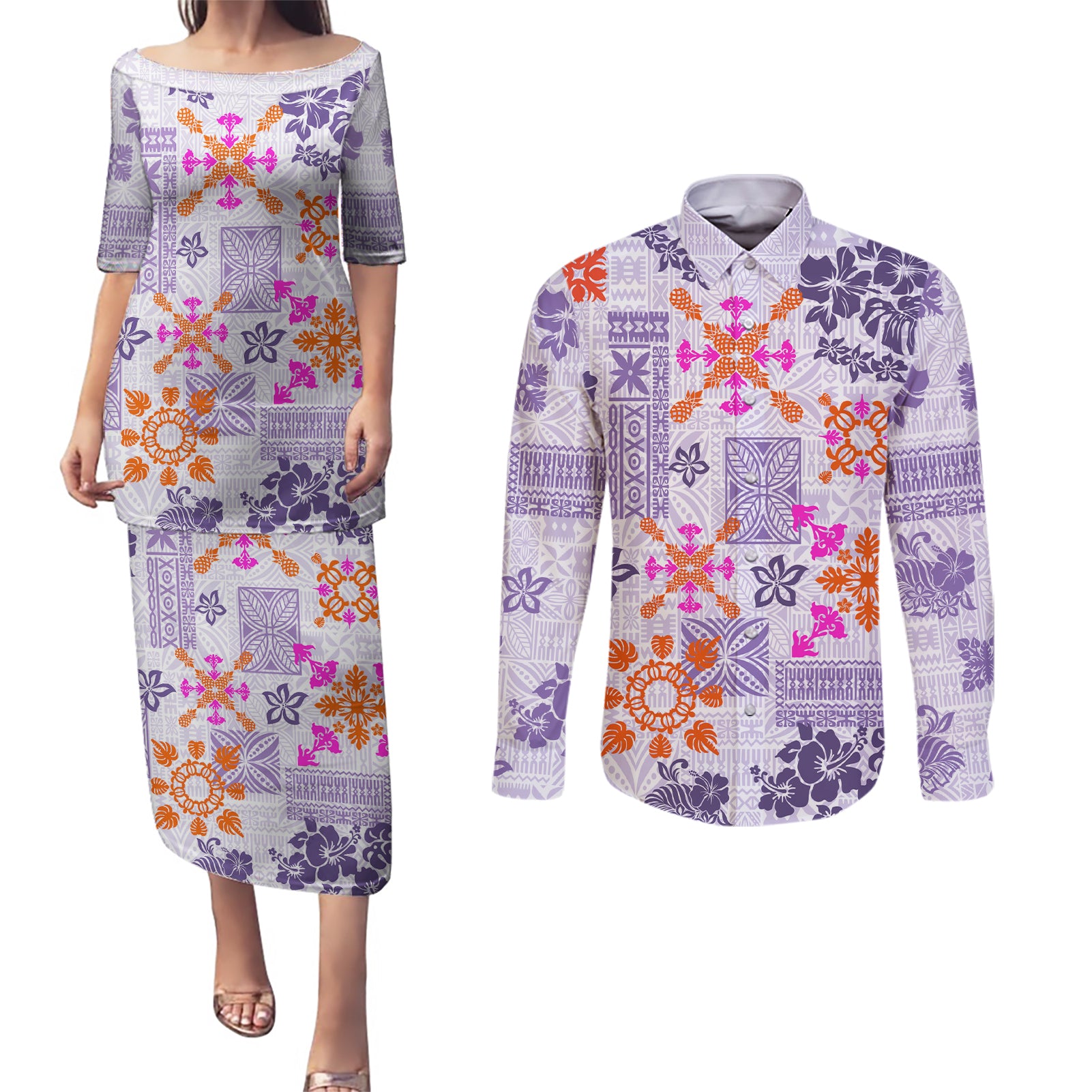 Hawaii Tapa Tribal Couples Matching Puletasi Dress and Long Sleeve Button Shirt With Hawaiian Quilt Pattern Violet LT9 Violet - Polynesian Pride