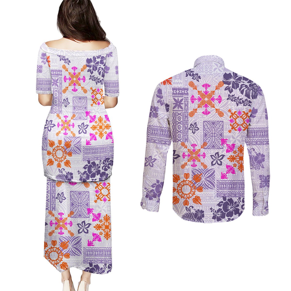 Hawaii Tapa Tribal Couples Matching Puletasi Dress and Long Sleeve Button Shirt With Hawaiian Quilt Pattern Violet LT9 - Polynesian Pride