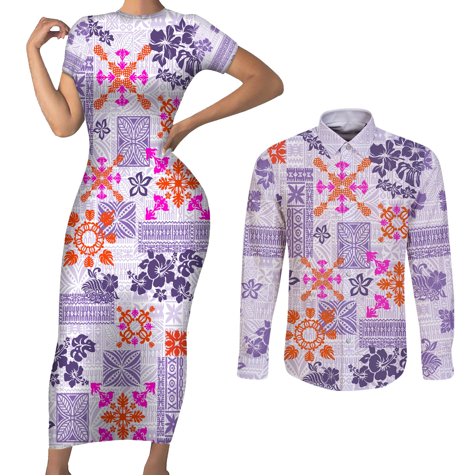 Hawaii Tapa Tribal Couples Matching Short Sleeve Bodycon Dress and Long Sleeve Button Shirt With Hawaiian Quilt Pattern Violet LT9 Violet - Polynesian Pride