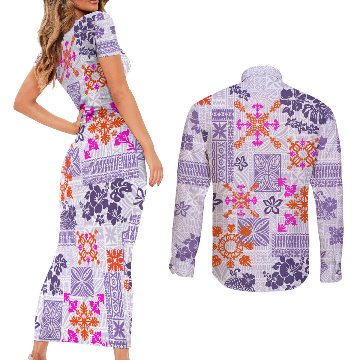 Hawaii Tapa Tribal Couples Matching Short Sleeve Bodycon Dress and Long Sleeve Button Shirt With Hawaiian Quilt Pattern Violet LT9 - Polynesian Pride