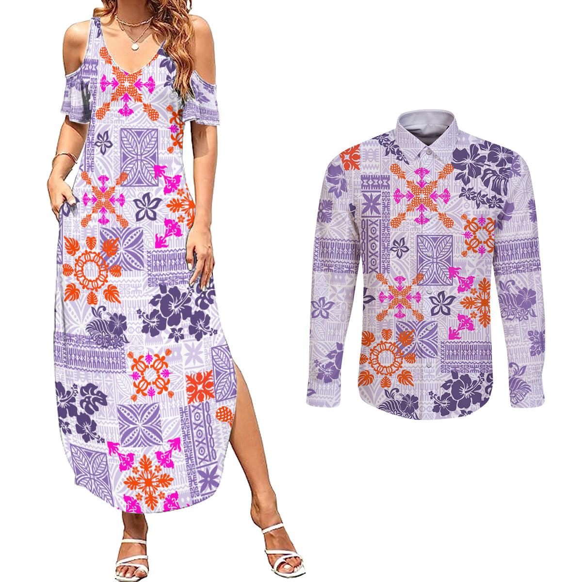 Hawaii Tapa Tribal Couples Matching Summer Maxi Dress and Long Sleeve Button Shirt With Hawaiian Quilt Pattern Violet LT9 Violet - Polynesian Pride