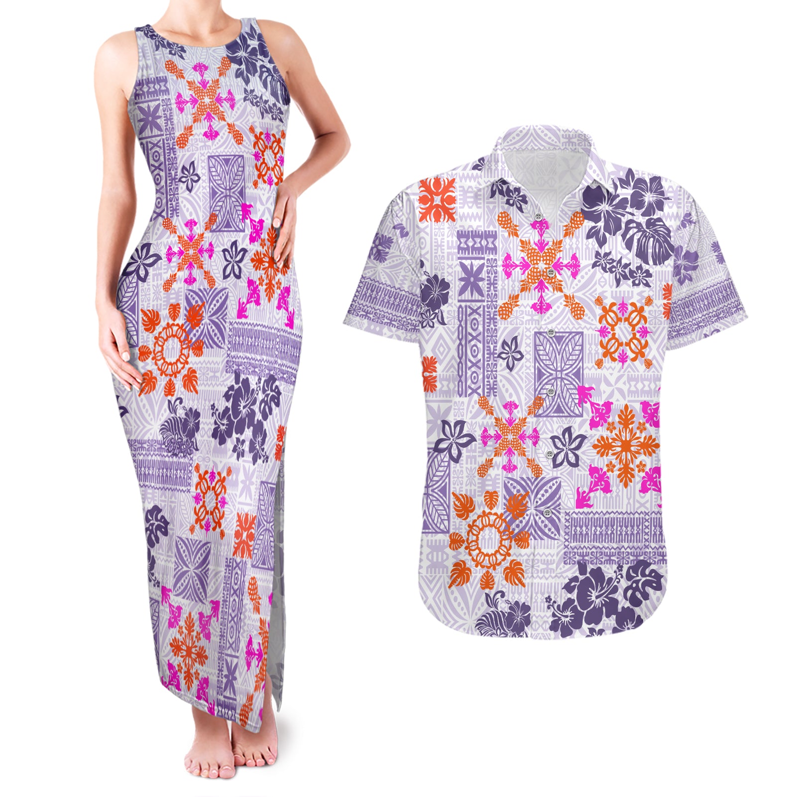 Hawaii Tapa Tribal Couples Matching Tank Maxi Dress and Hawaiian Shirt With Hawaiian Quilt Pattern Violet LT9 Violet - Polynesian Pride