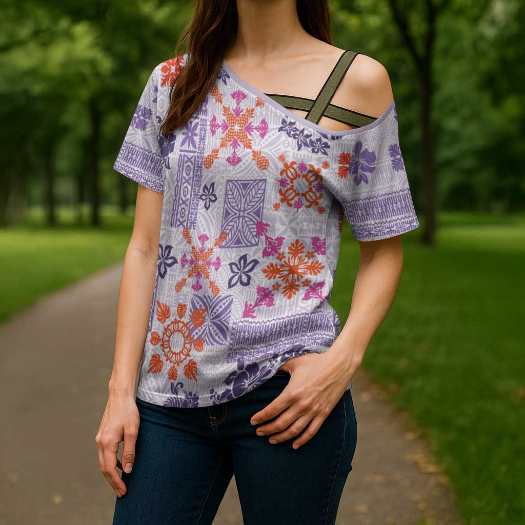 Hawaii Tapa Tribal Cross Shoulder Shirt With Hawaiian Quilt Pattern Violet - Polynesian Pride