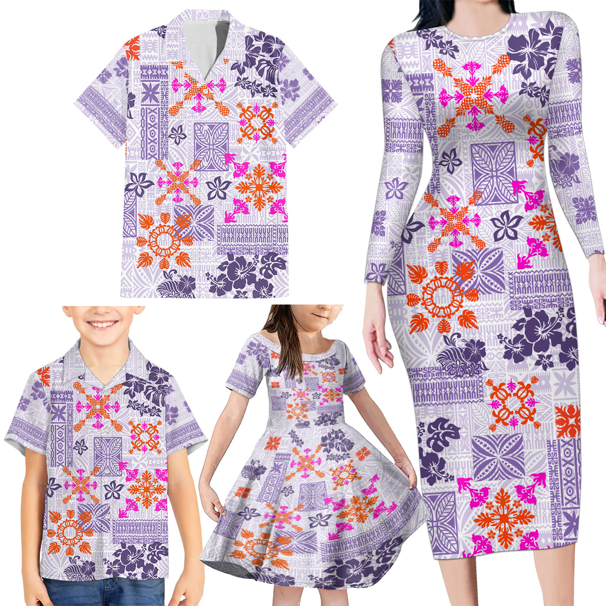 Hawaii Tapa Tribal Family Matching Long Sleeve Bodycon Dress and Hawaiian Shirt With Hawaiian Quilt Pattern Violet LT9 - Polynesian Pride