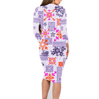 Hawaii Tapa Tribal Family Matching Long Sleeve Bodycon Dress and Hawaiian Shirt With Hawaiian Quilt Pattern Violet LT9 - Polynesian Pride