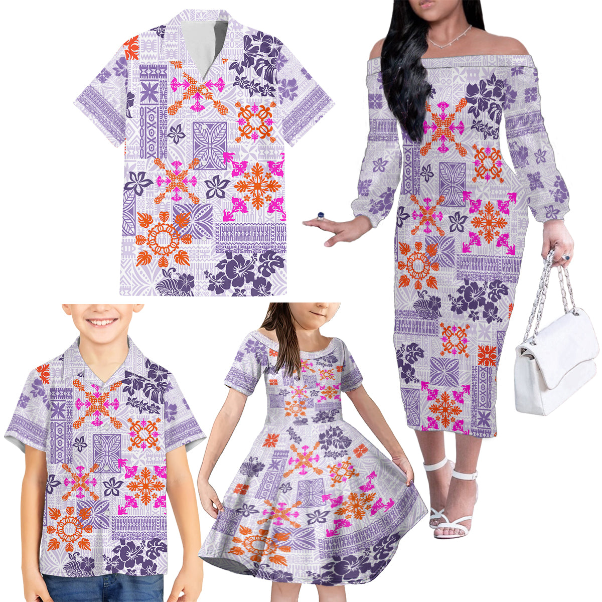 Hawaii Tapa Tribal Family Matching Off Shoulder Long Sleeve Dress and Hawaiian Shirt With Hawaiian Quilt Pattern Violet LT9 - Polynesian Pride