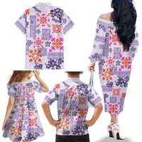 Hawaii Tapa Tribal Family Matching Off Shoulder Long Sleeve Dress and Hawaiian Shirt With Hawaiian Quilt Pattern Violet LT9 - Polynesian Pride
