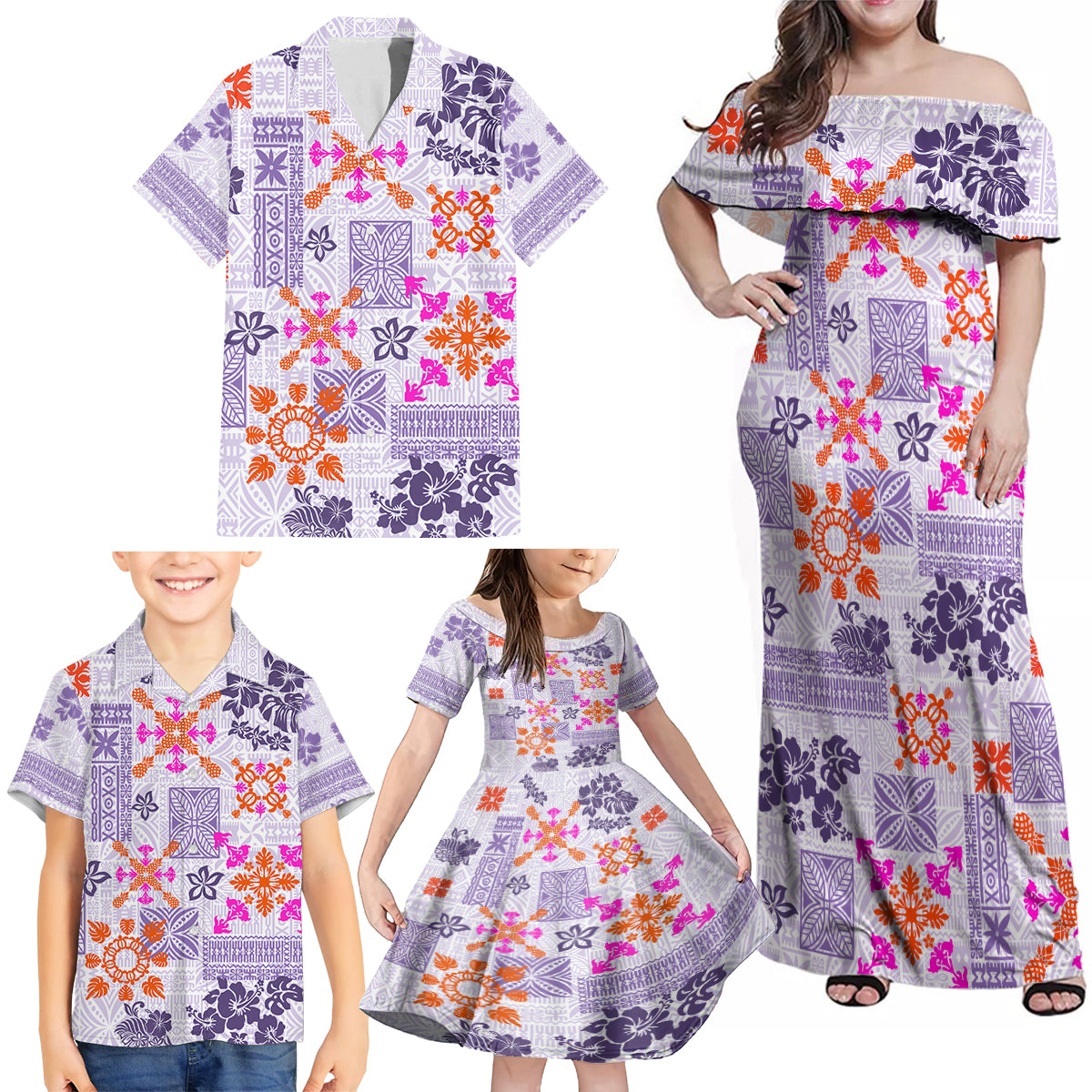 Hawaii Tapa Tribal Family Matching Off Shoulder Maxi Dress and Hawaiian Shirt With Hawaiian Quilt Pattern Violet LT9 - Polynesian Pride