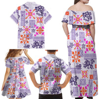 Hawaii Tapa Tribal Family Matching Off Shoulder Maxi Dress and Hawaiian Shirt With Hawaiian Quilt Pattern Violet LT9 - Polynesian Pride