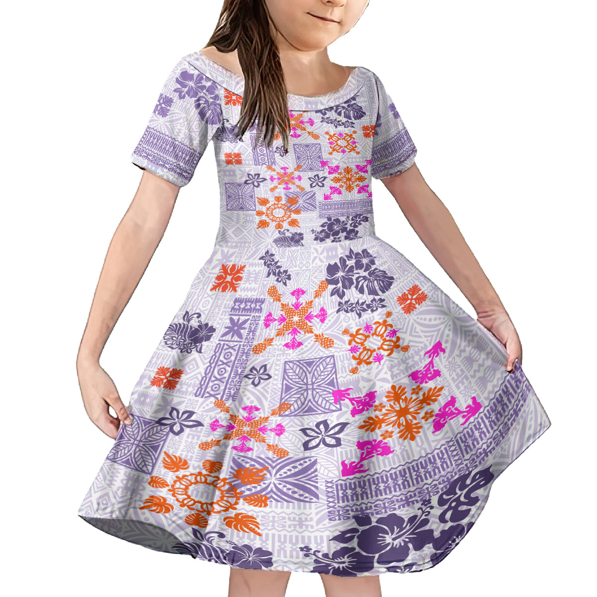 Hawaii Tapa Tribal Family Matching Off Shoulder Short Dress and Hawaiian Shirt With Hawaiian Quilt Pattern Violet LT9 Daughter's Dress Violet - Polynesian Pride
