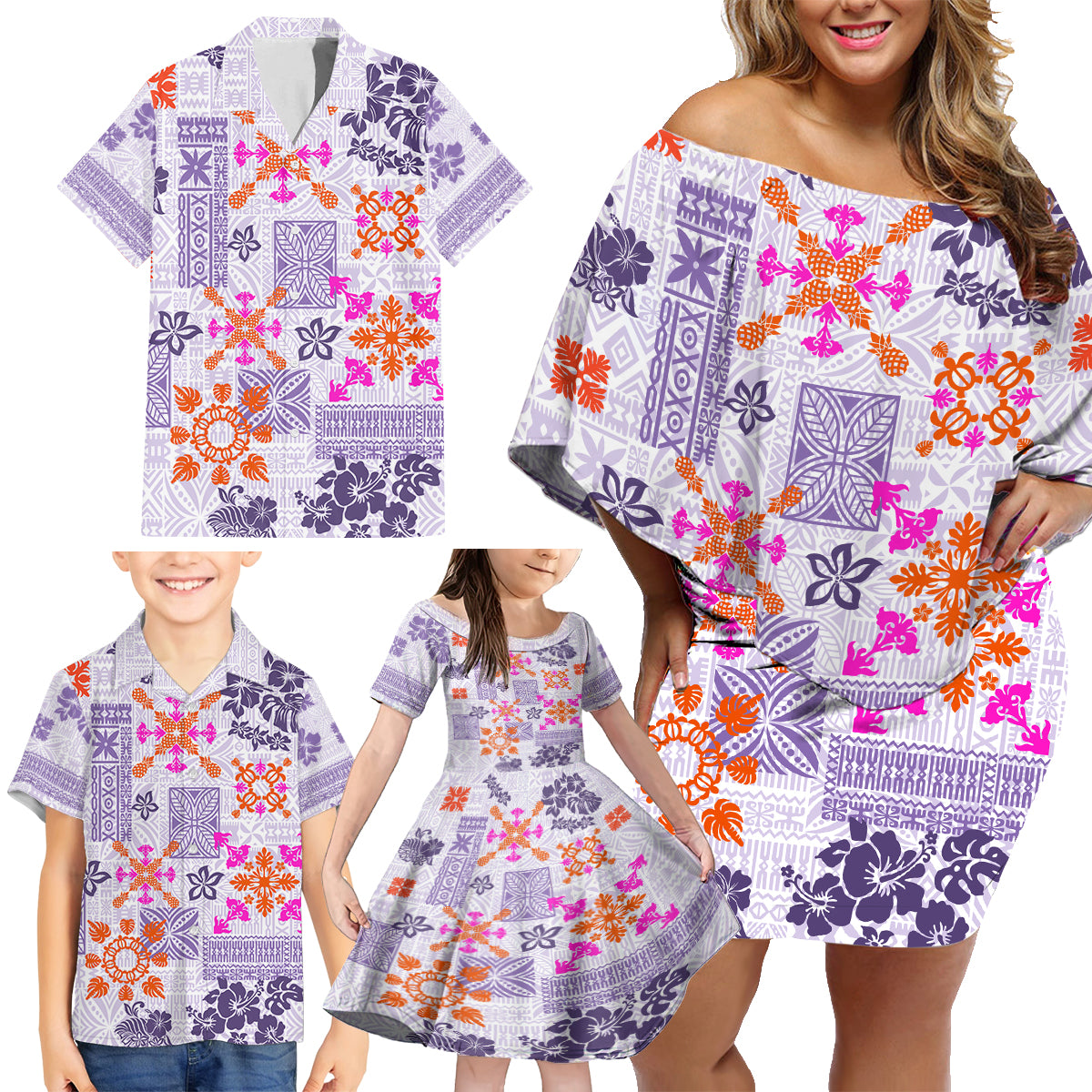 Hawaii Tapa Tribal Family Matching Off Shoulder Short Dress and Hawaiian Shirt With Hawaiian Quilt Pattern Violet LT9 - Polynesian Pride