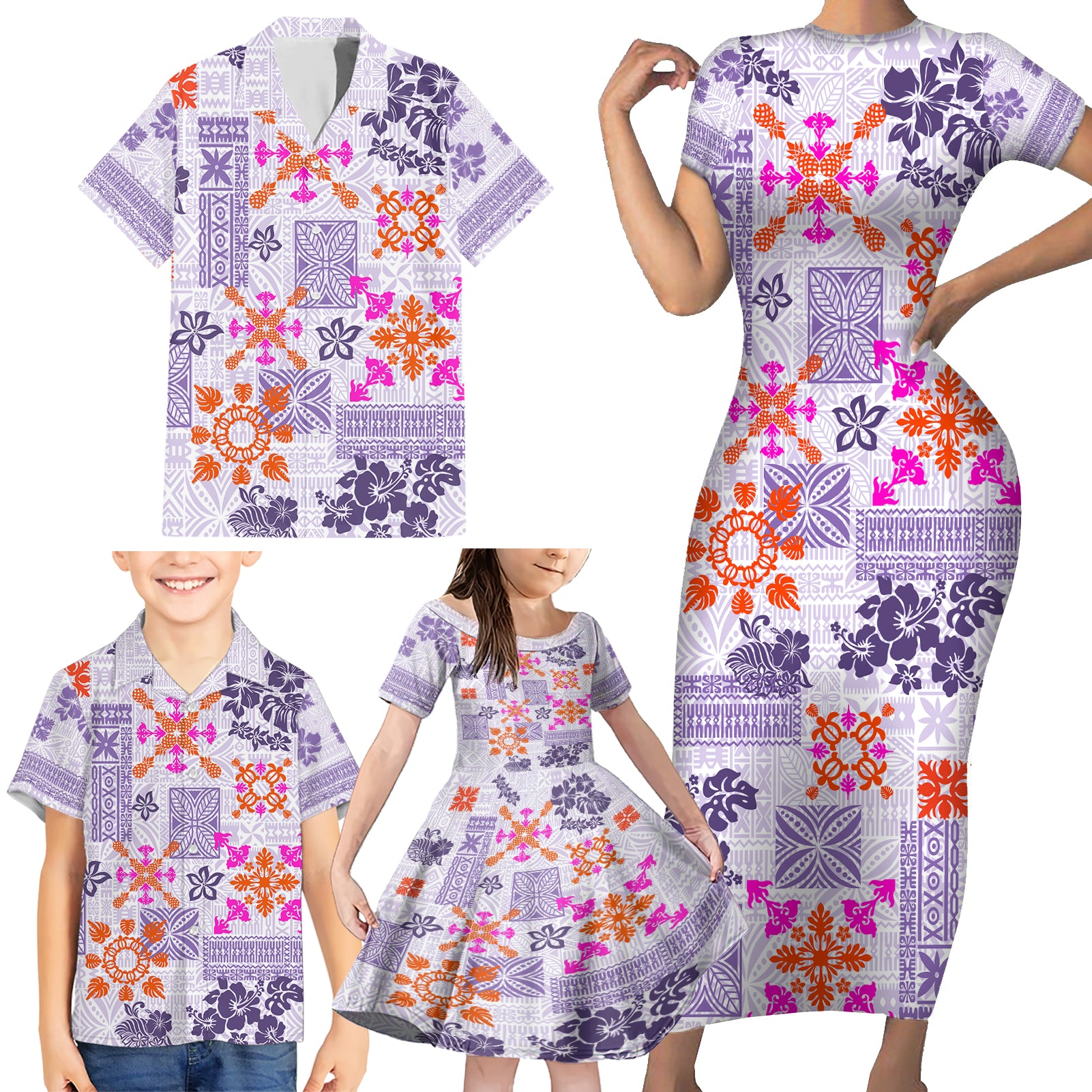 Hawaii Tapa Tribal Family Matching Short Sleeve Bodycon Dress and Hawaiian Shirt With Hawaiian Quilt Pattern Violet LT9 - Polynesian Pride