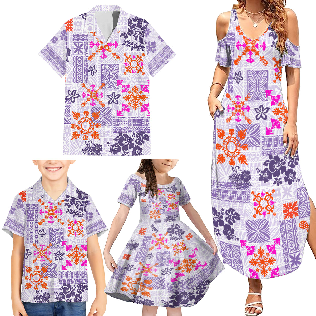 Hawaii Tapa Tribal Family Matching Summer Maxi Dress and Hawaiian Shirt With Hawaiian Quilt Pattern Violet LT9 - Polynesian Pride