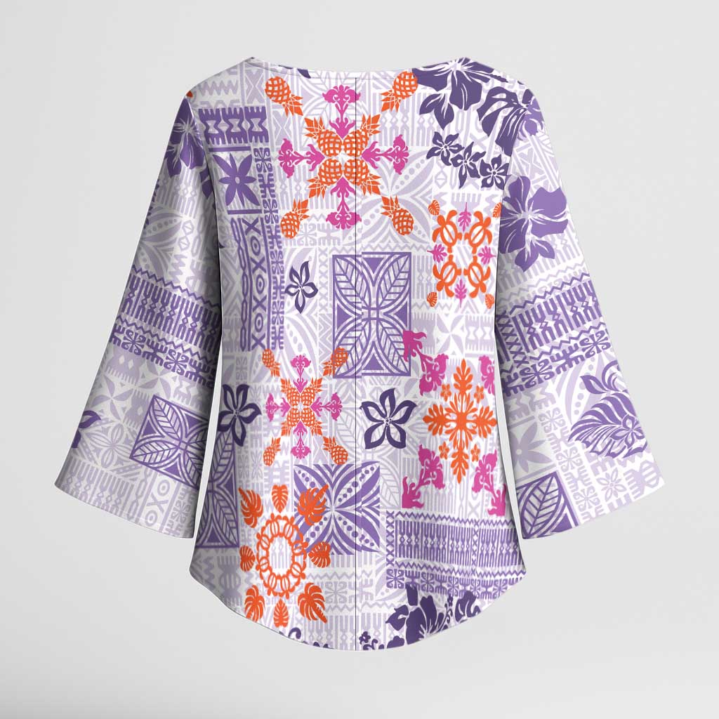 Hawaii Tapa Tribal Kimono Sleeve Blouse With Hawaiian Quilt Pattern Violet - Polynesian Pride