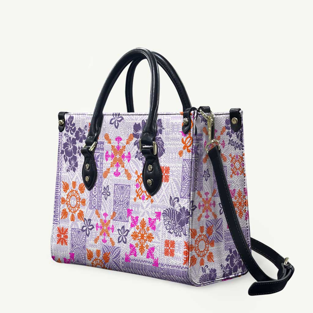 Hawaii Tapa Tribal Leather Bag With Hawaiian Quilt Pattern Violet - Polynesian Pride