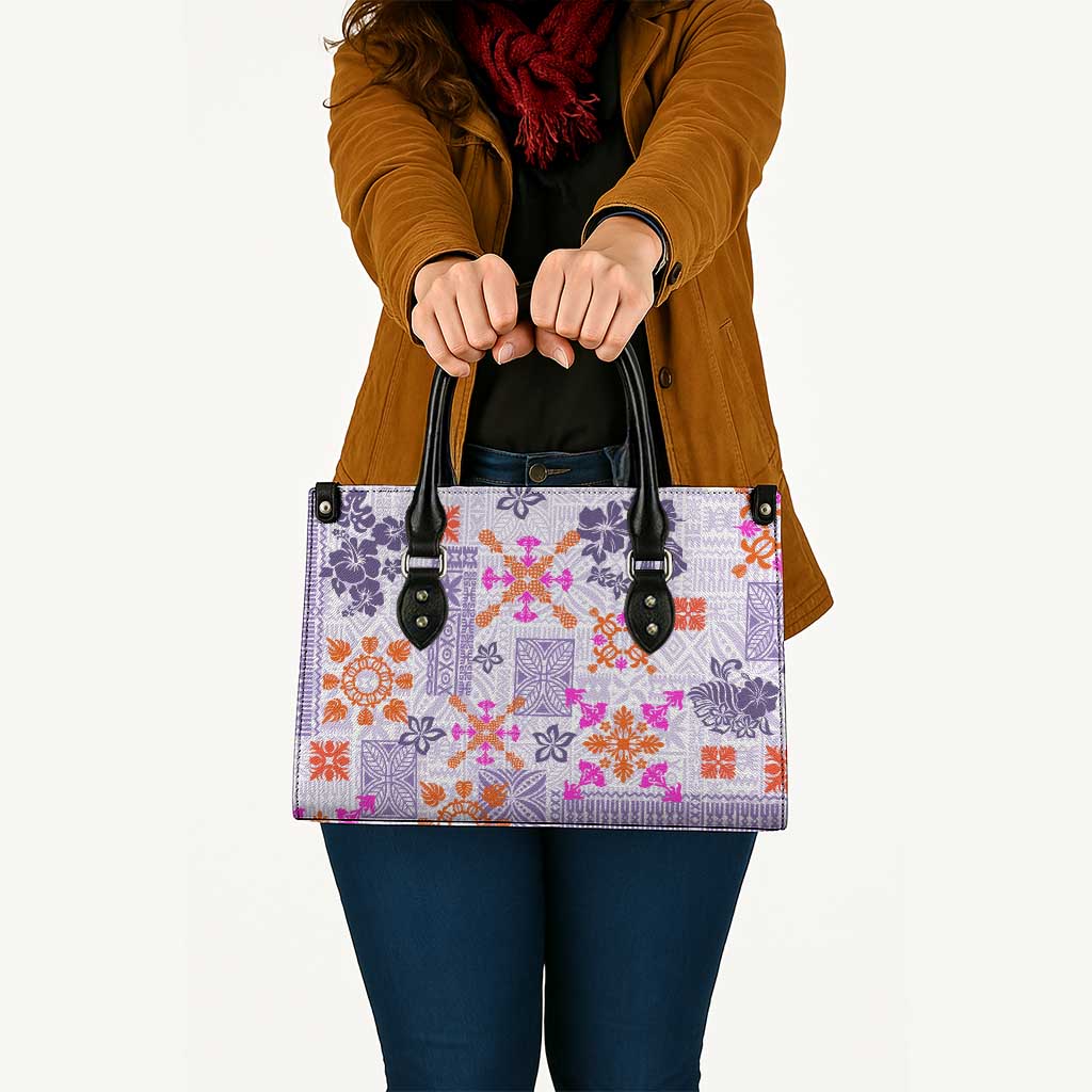 Hawaii Tapa Tribal Leather Bag With Hawaiian Quilt Pattern Violet - Polynesian Pride