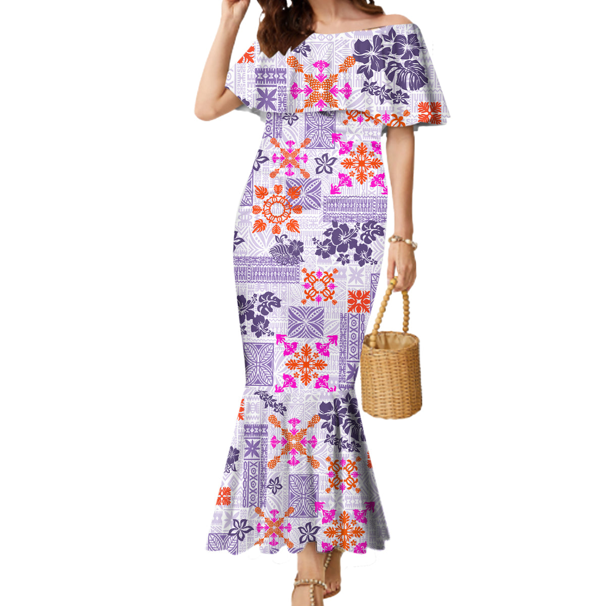 Hawaii Tapa Tribal Mermaid Dress With Hawaiian Quilt Pattern Violet LT9 Women Violet - Polynesian Pride