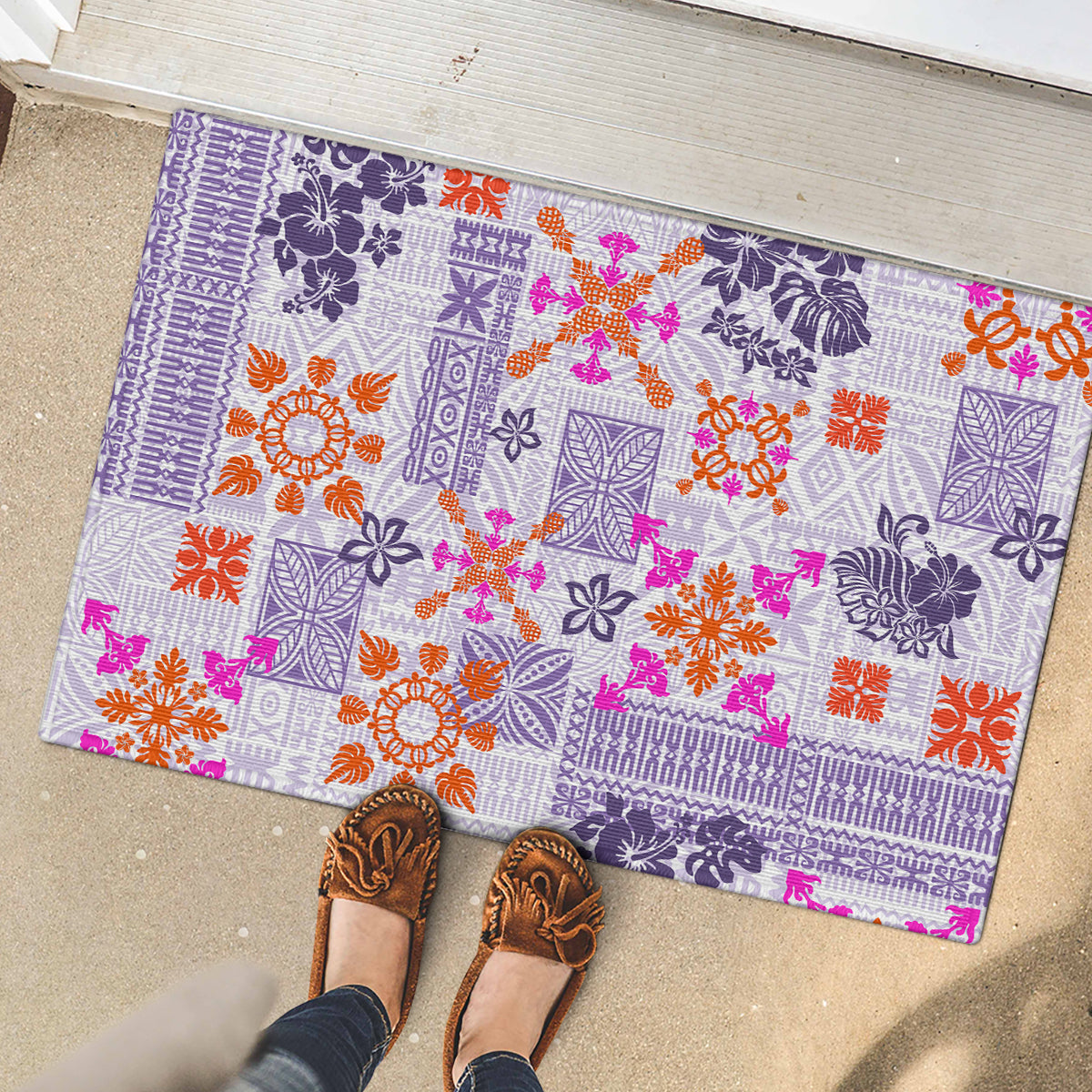Hawaii Tapa Tribal Rubber Doormat With Hawaiian Quilt Pattern Violet LT9 - Polynesian Pride
