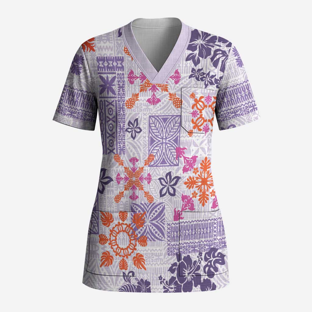Hawaii Tapa Tribal Scrub Top With Hawaiian Quilt Pattern Violet - Polynesian Pride