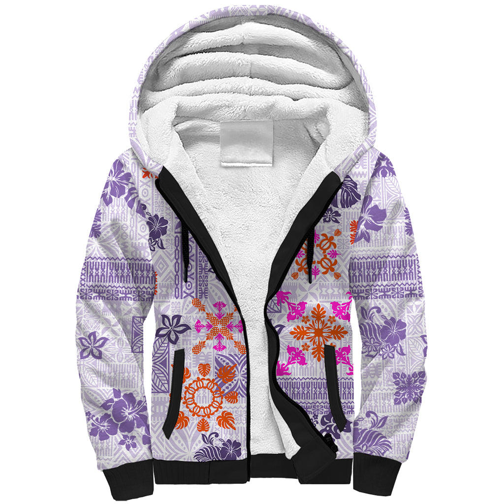 Hawaii Tapa Tribal Sherpa Hoodie With Hawaiian Quilt Pattern Violet LT9 Unisex Violet - Polynesian Pride