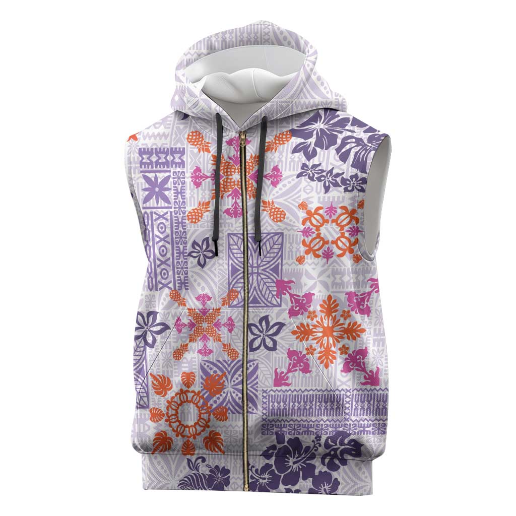 Hawaii Tapa Tribal Sleeveless Zip Hoodie With Hawaiian Quilt Pattern Violet - Polynesian Pride