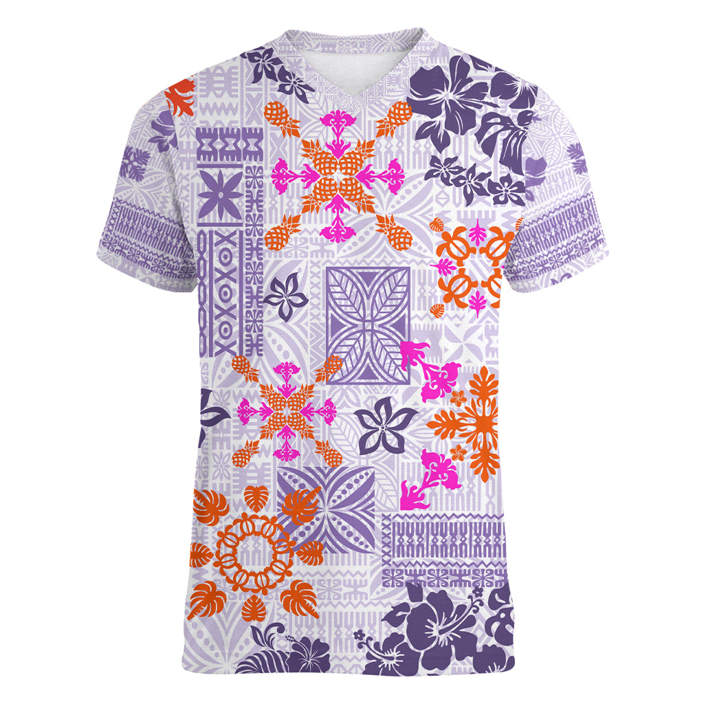 Hawaii Tapa Tribal Women V Neck T Shirt With Hawaiian Quilt Pattern Violet LT9 Female Violet - Polynesian Pride