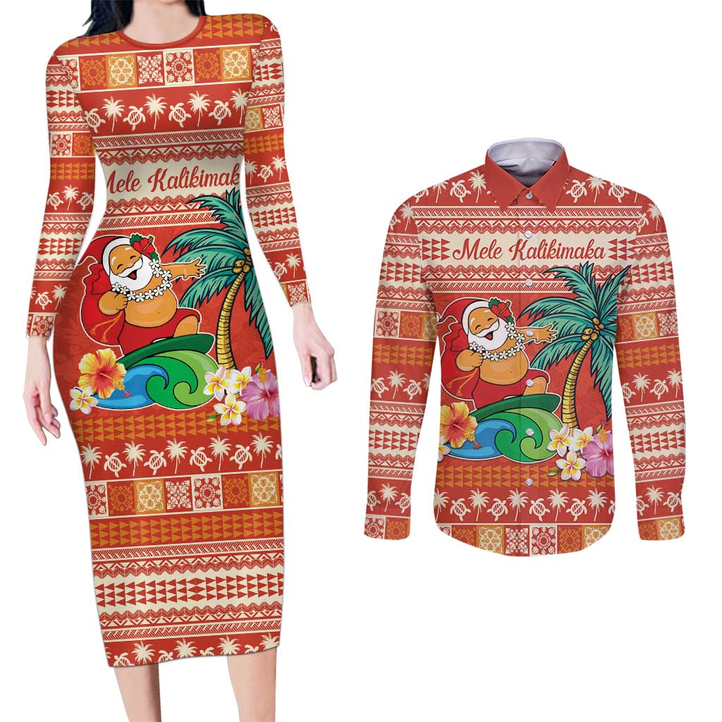 Hawaii Mele Kalikimaka Couples Matching Long Sleeve Bodycon Dress and Long Sleeve Button Shirt Surfing Santa Funny Christmas LT9 Red - Polynesian Pride