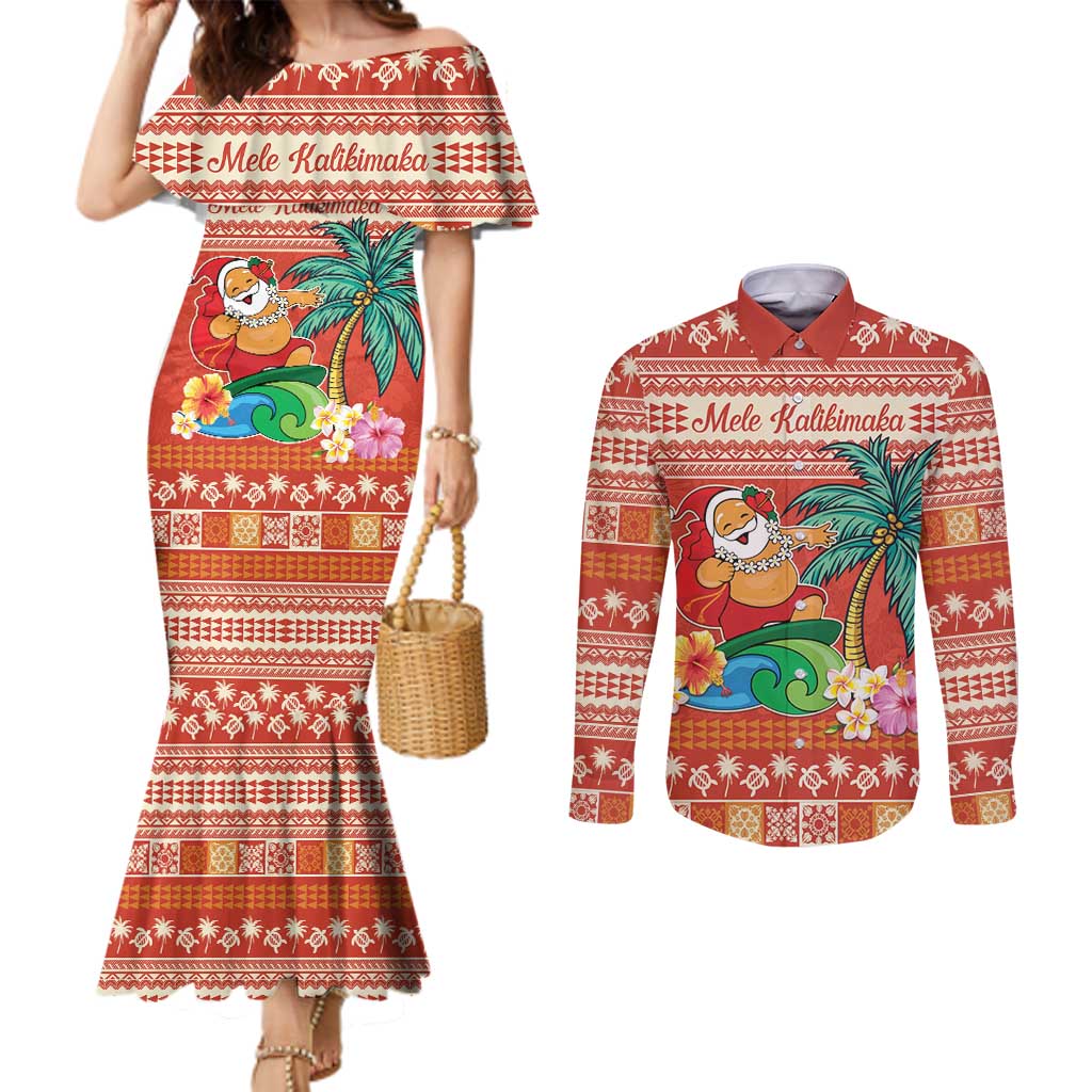Hawaii Mele Kalikimaka Couples Matching Mermaid Dress and Long Sleeve Button Shirt Surfing Santa Funny Christmas LT9 Red - Polynesian Pride