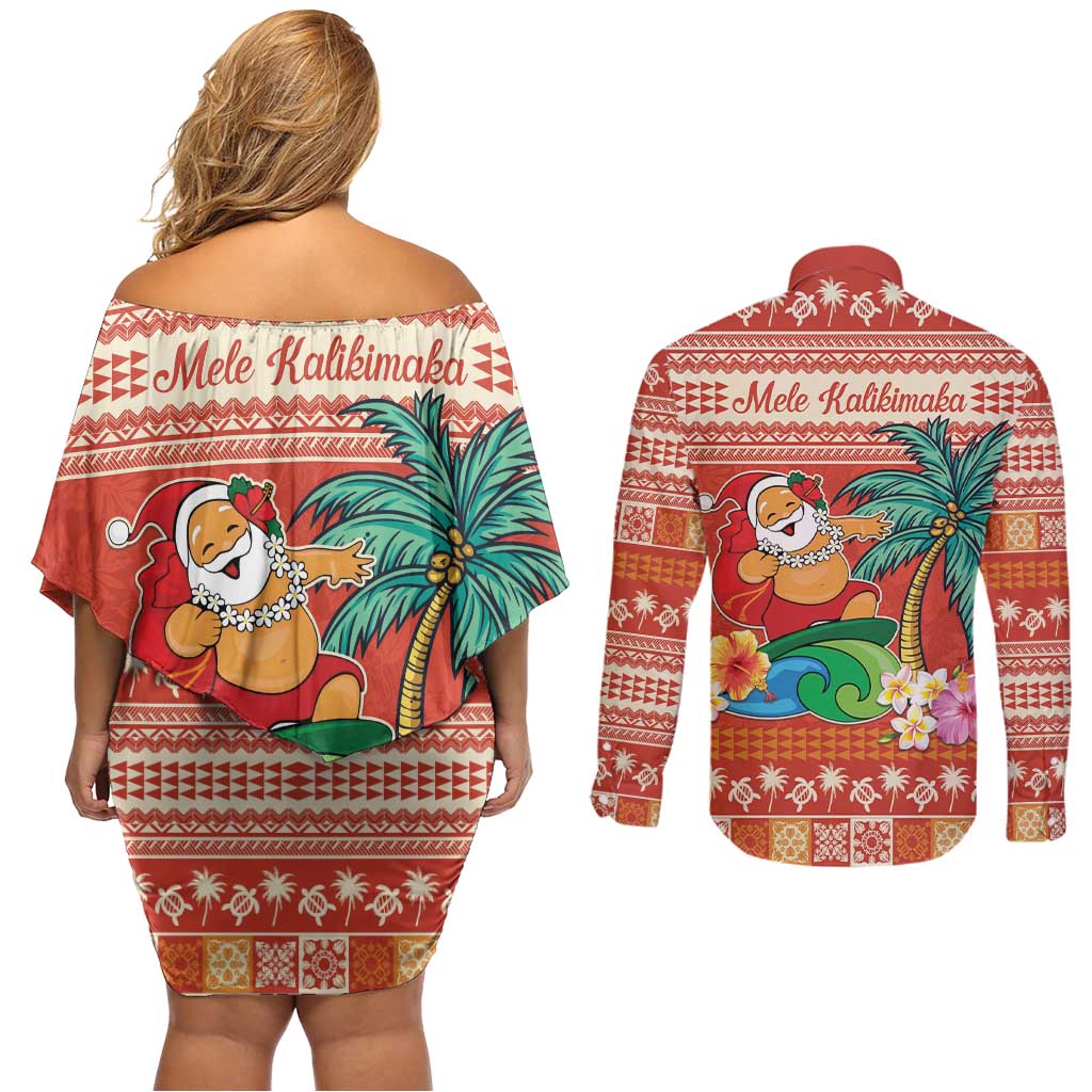Hawaii Mele Kalikimaka Couples Matching Off Shoulder Short Dress and Long Sleeve Button Shirt Surfing Santa Funny Christmas