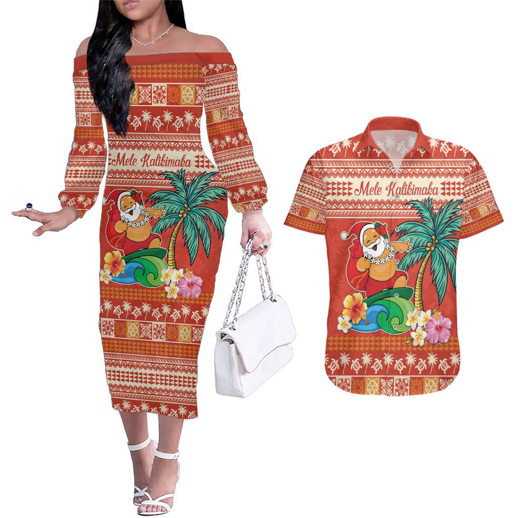 Hawaii Mele Kalikimaka Couples Matching Off The Shoulder Long Sleeve Dress and Hawaiian Shirt Surfing Santa Funny Christmas LT9 Red - Polynesian Pride