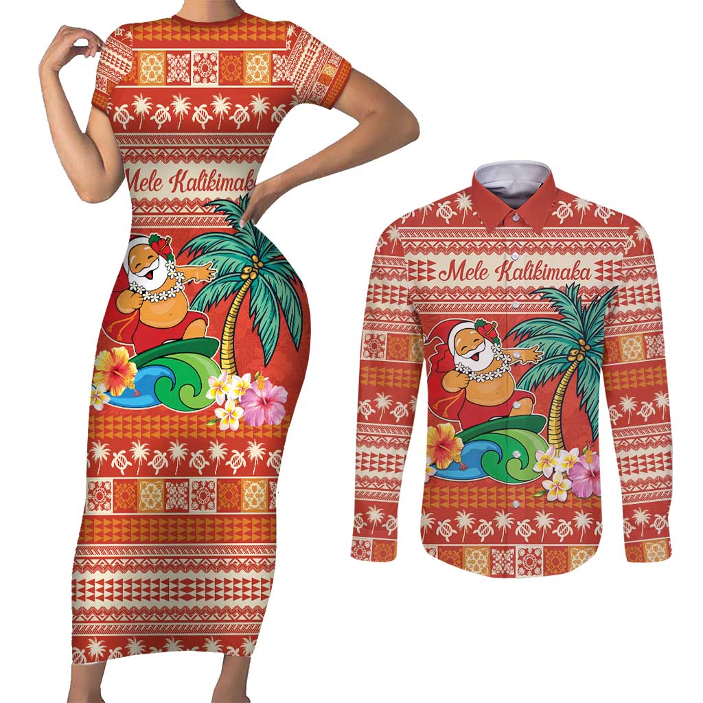 Hawaii Mele Kalikimaka Couples Matching Short Sleeve Bodycon Dress and Long Sleeve Button Shirt Surfing Santa Funny Christmas LT9 Red - Polynesian Pride